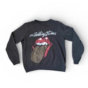 Rolling Stones Women's Black Leopard Print Tongue Crewneck Sweatshirt Sz XS Rock